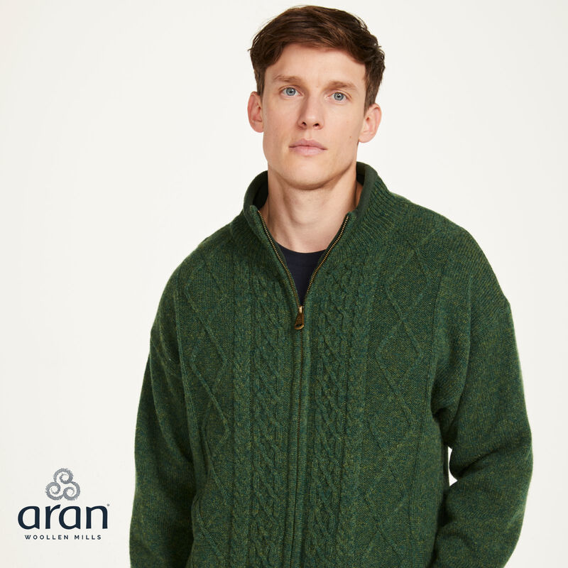 Lined Shetland Wool Zipper Aran Cardigan, Navy Colour